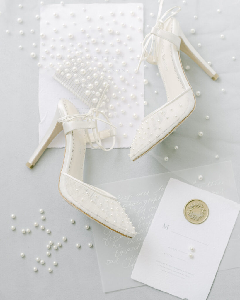 Bella Belle bridal shoes and veil with pearls by Serenity Photography