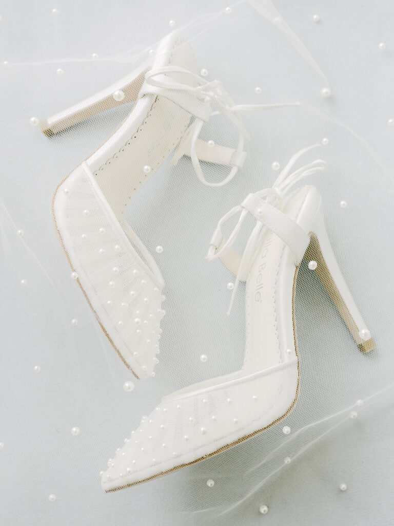 Bella Belle bridal shoes and veil with pearls by Serenity Photography