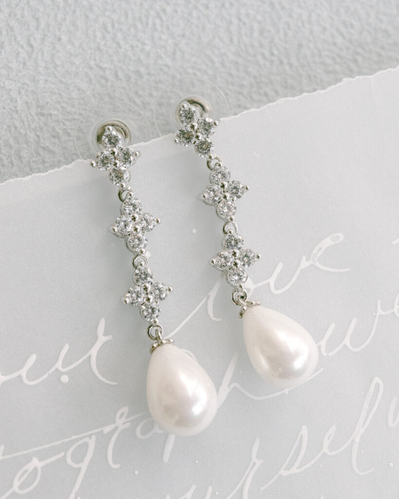 The White Collection romantic drop bridal earrings with pearls