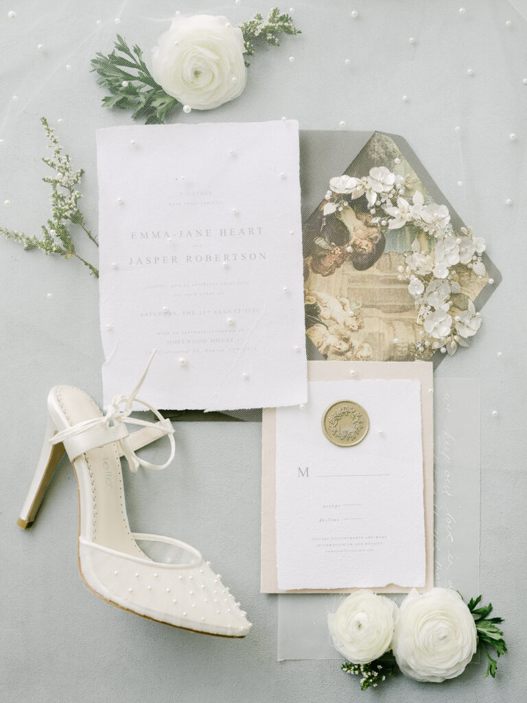 Wedding invitation with pearl veil and Bella Belle Shoes