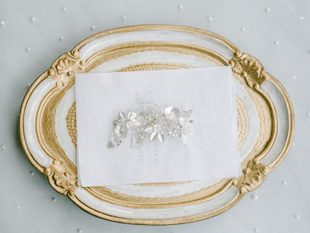 Bridal hair accessory from the White Collection on Italian tray